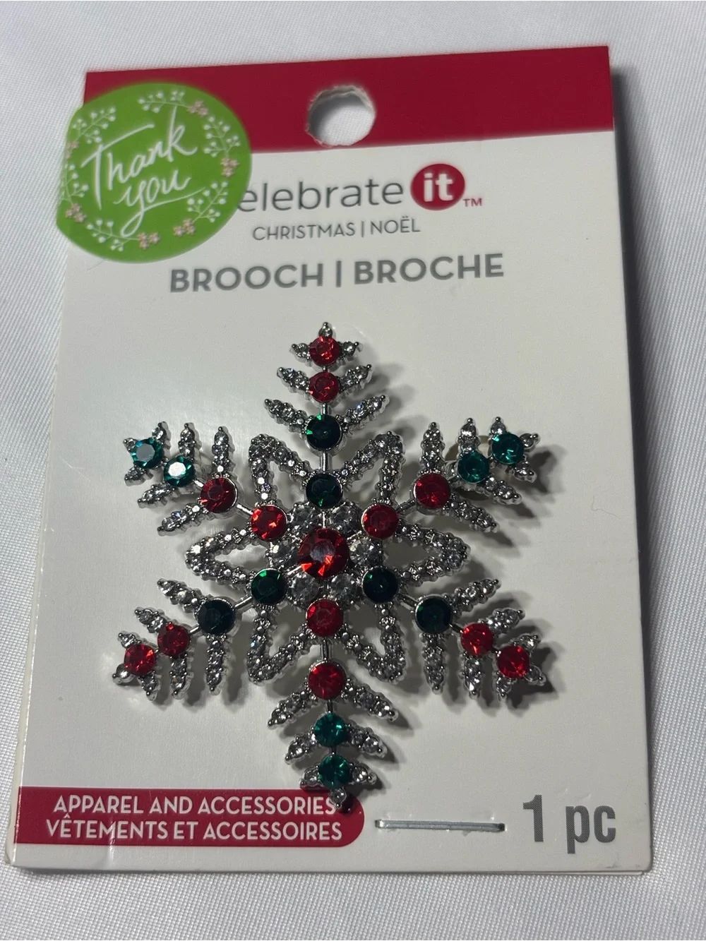 New Celebrate It Christmas Snowflake Brooch - Red & Green Rhinestones